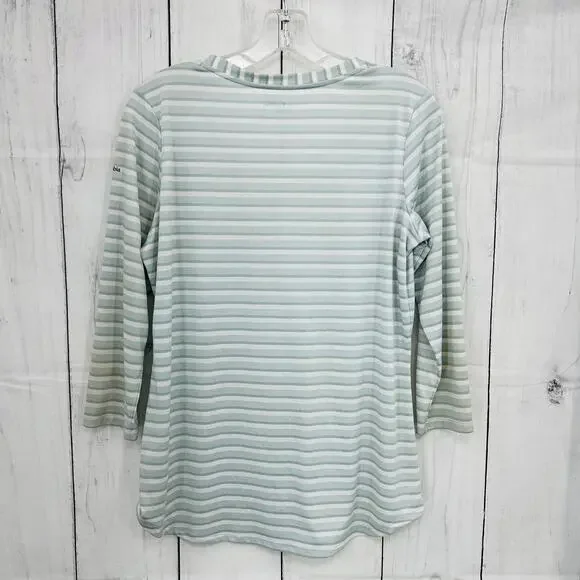 Columbia MEDIUM Henley Tee Shirt womens gray striped sheer 3/4 sleeve - Picture 2 of 9